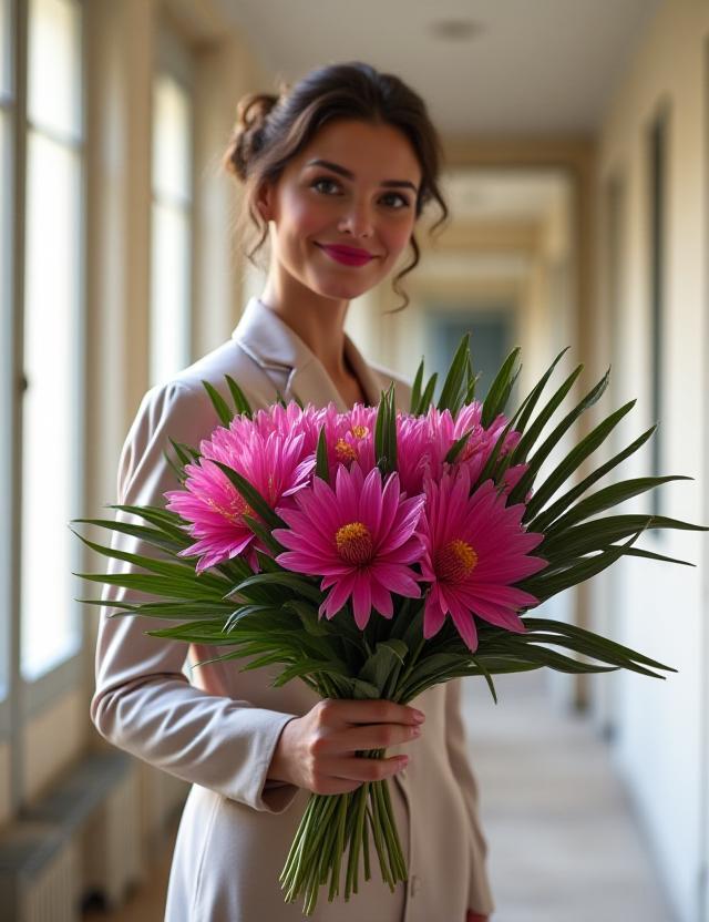 Client recevant une création florale moderniste Fleur de Pythagore devant un appartement haussmannien