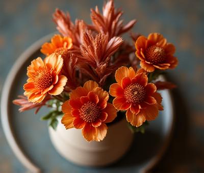 Décoration florale de table restaurant dans les tons terracotta