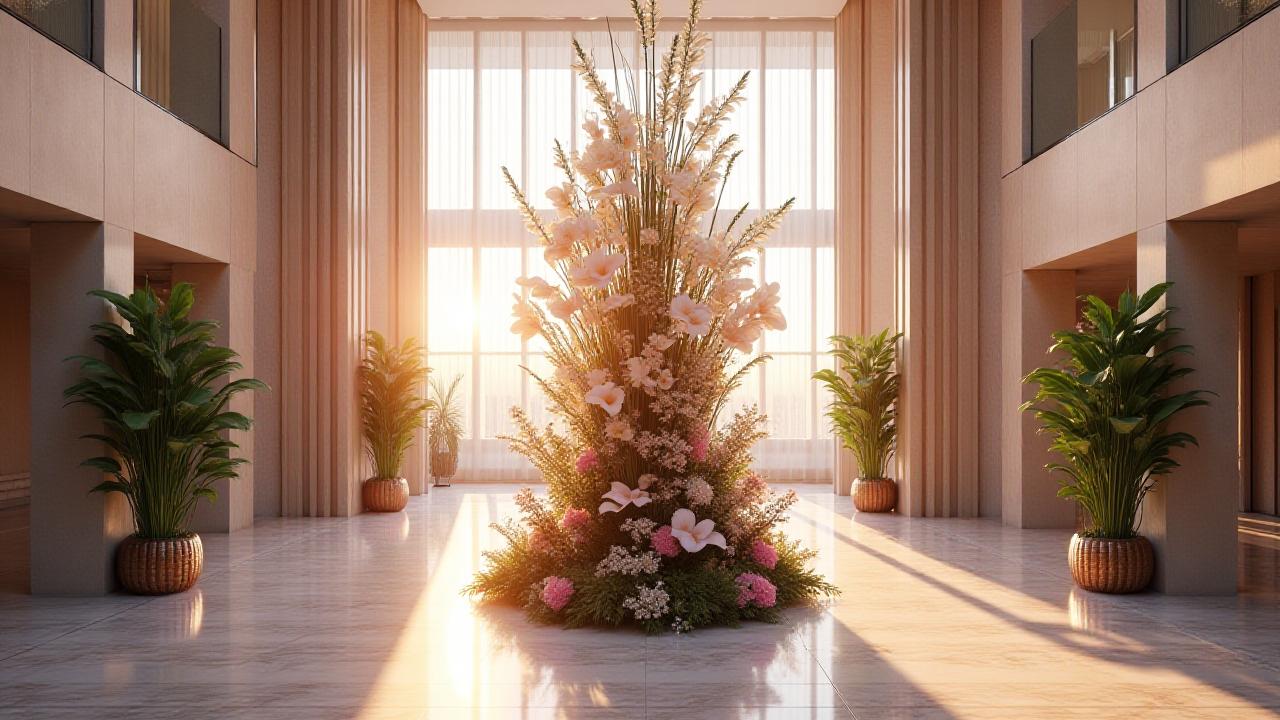 Installation florale majestueuse dans un lobby d'hôtel de luxe à Paris