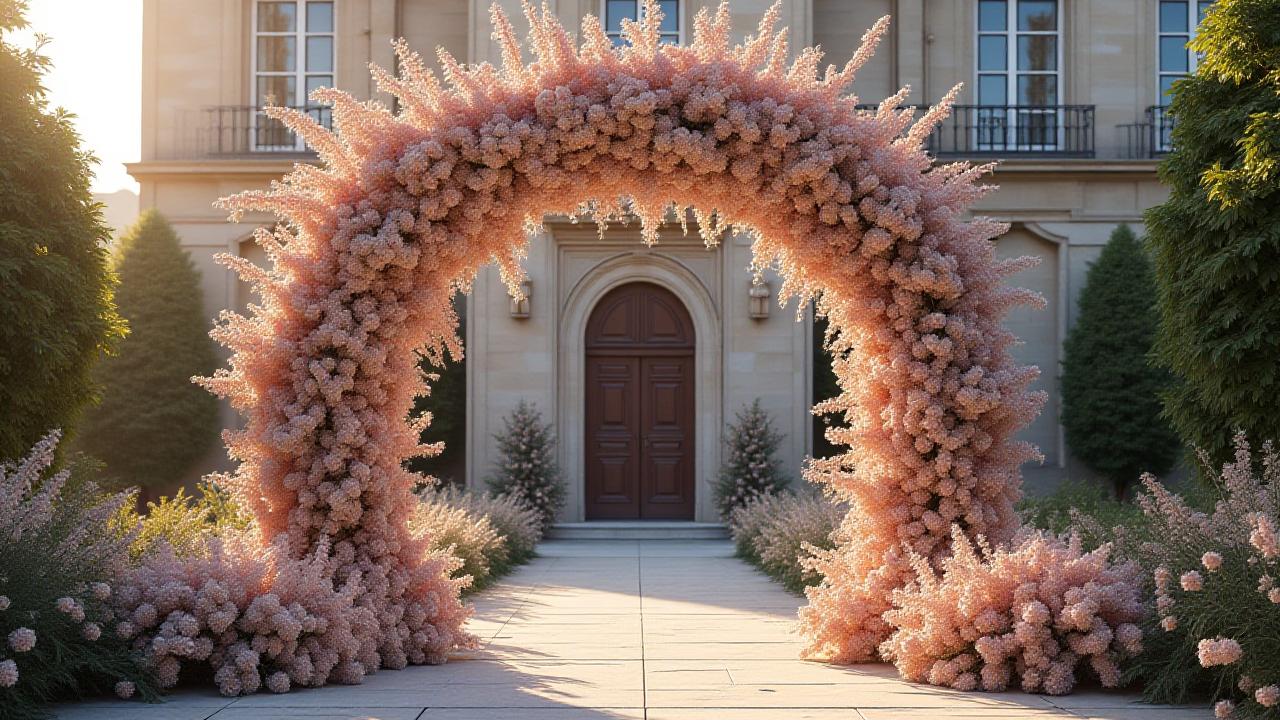 Arche de mariage monumentale avec pivoines et roses anciennes devant un château parisien