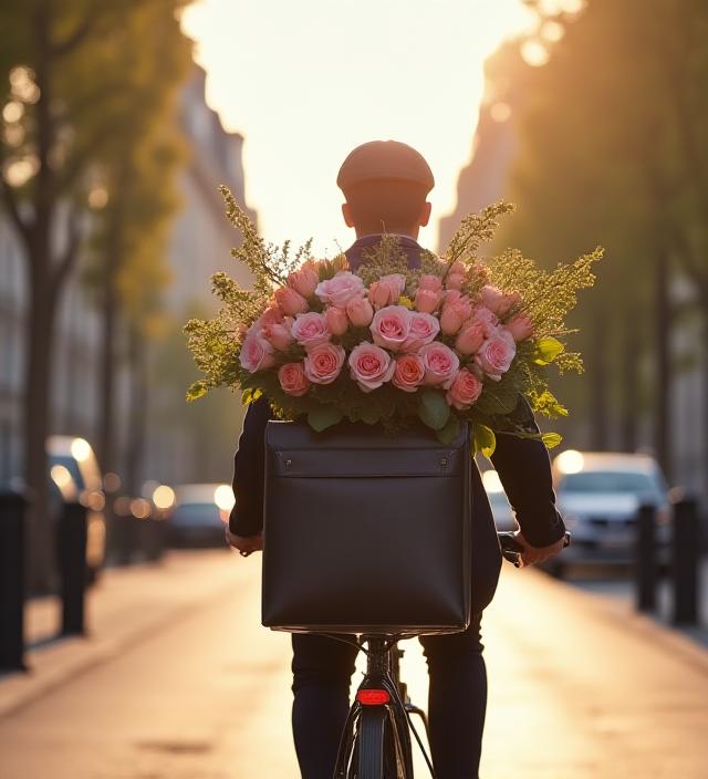 Coursier élégant à vélo livrant un bouquet Fleur de Pythagore à Paris