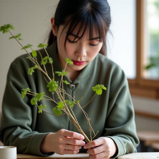 A student carefully considering the lines of a branch in an Ikebana class.